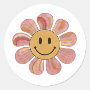 Retro Groovy Smiley-Gesicht-Blumen-Pastell-70er-Ja Runder Aufkleber