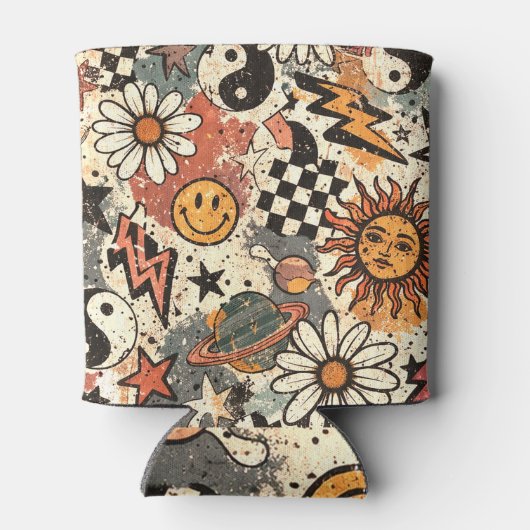 Retro Groovy Smiley Sun Daisy Psychedelic Pattern Dosenkühler (Rückseite)