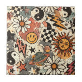 Retro Groovy Smiley Sun Daisy Psychedelic Pattern Fliese (Vorderseite)