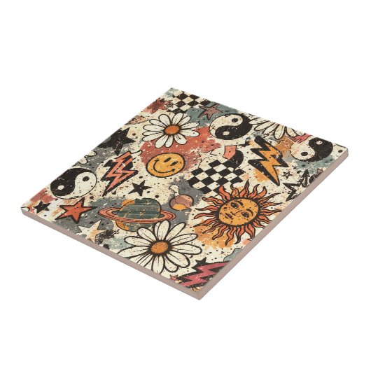 Retro Groovy Smiley Sun Daisy Psychedelic Pattern Fliese (Seite)