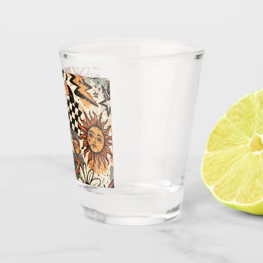 Retro Groovy Smiley Sun Daisy Psychedelic Pattern Schnapsglas (Rechts)