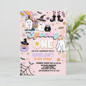 Retro Groovy Spooky Ein Halloween 1. Geburtstag Einladung (Stehend Vorderseite)