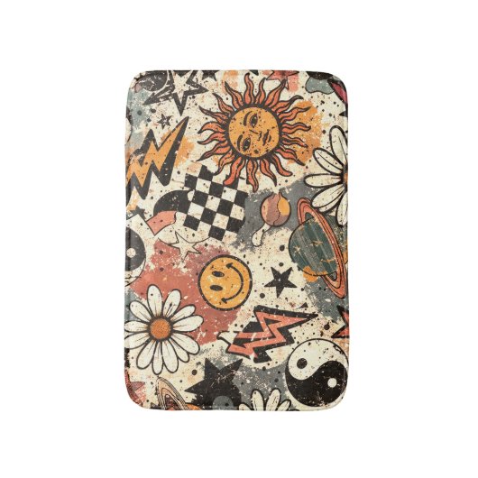 Retro Groovy Sticker Collage Pattern Smiley Face Badematte (Vorderseite Vertikal)