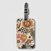 Retro Groovy Sticker Collage Pattern Smiley Face Gepäckanhänger (Vorderseite Vertikal)