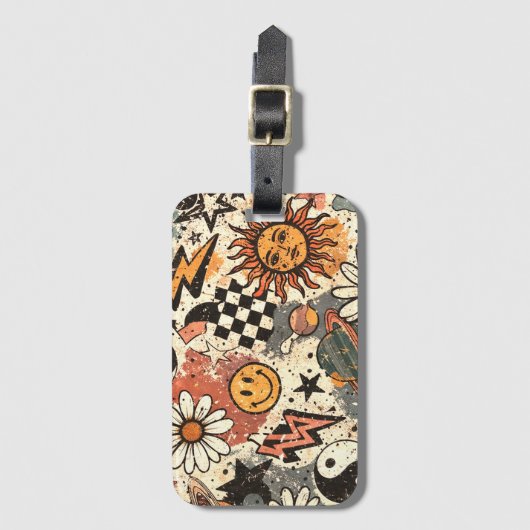 Retro Groovy Sticker Collage Pattern Smiley Face Gepäckanhänger (Vorderseite Vertikal)