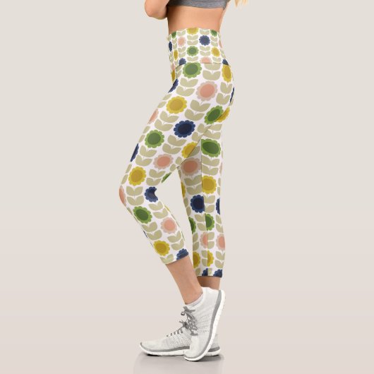 Retro Groovy Summer Flowers Stems Capri Leggings (Links)