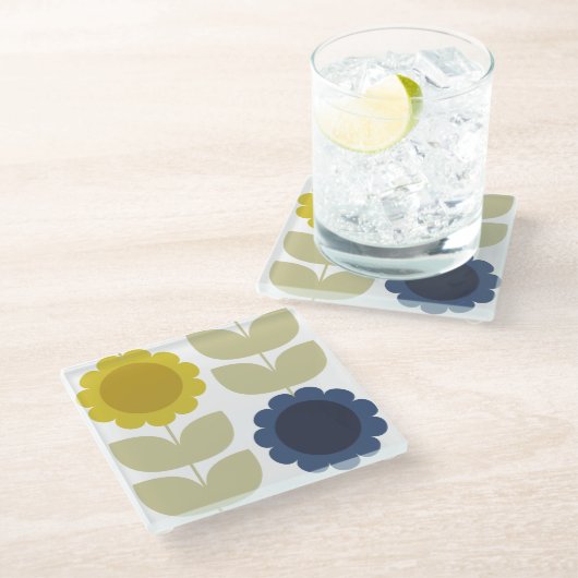 Retro Groovy Summer Flowers Stems Glasuntersetzer (Schrägansicht)