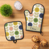 Retro Groovy Summer Flowers Stems Ofenhandschuh & Topflappen-Set (Oben Unten)