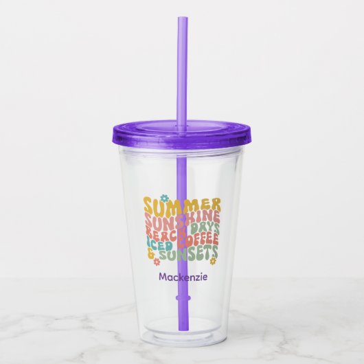 Retro Groovy Summer Pink Monogram Name Acryltrinkbecher (Vorderseite)