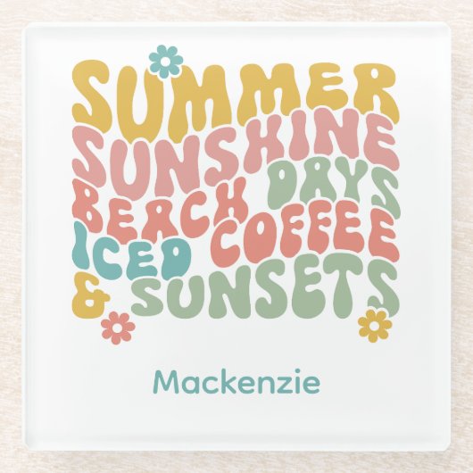 Retro Groovy Summer Pink Monogram Name Glasuntersetzer (Vorderseite)