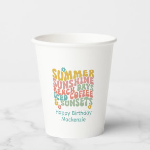 Retro Groovy Summer Pink Monogram Name Pappbecher