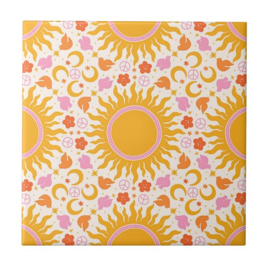 Retro Groovy Sun Peace Pattern Gelb Orange Pink Fliese (Vorderseite)