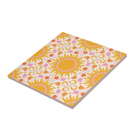 Retro Groovy Sun Peace Pattern Gelb Orange Pink Fliese (Seite)