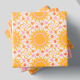 Retro Groovy Sun Peace Pattern Gelb Orange Pink Fliese