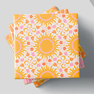 Retro Groovy Sun Peace Pattern Gelb Orange Pink Fliese