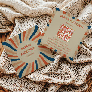 Retro Groovy Sunburst Quadratischer QR-Code Quadra Quadratische Visitenkarte