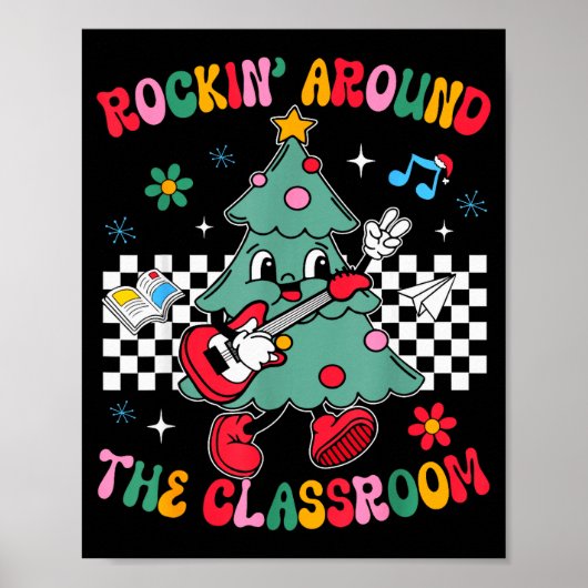 Retro Groovy Teacher Christmas Rockin' Around The Poster (Vorne)