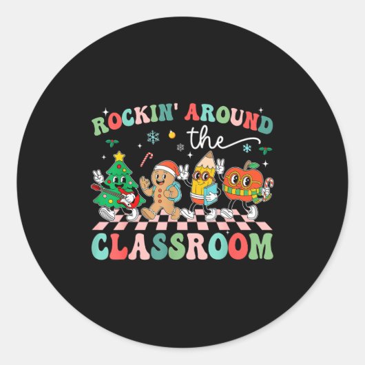 Retro Groovy Teacher Christmas Rockin' Around The  Runder Aufkleber (Vorderseite)