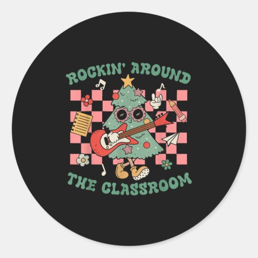 Retro Groovy Teacher Christmas Rockin' Around The Runder Aufkleber (Vorderseite)