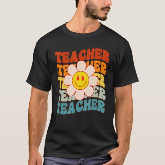 Retro Groovy Teacher Happy Face Cute Daisy Flower T-Shirt (Vorderseite)