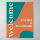 Retro groovy teal beige typography welcome wedding poster (Vorne)