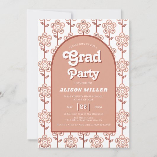 Retro Groovy Terracotta Blume 70er Abschluss Einladung (Vorderseite)