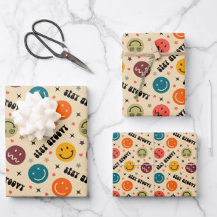 Retro Groovy Trippy Quirky ästhetisches Gesicht Geschenkpapier Set