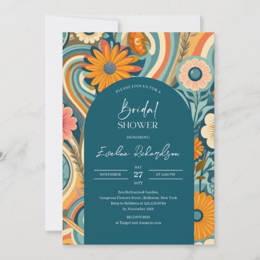 Retro Groovy türkis Boho Boho Arsch orange rosa Einladung (Vorderseite)