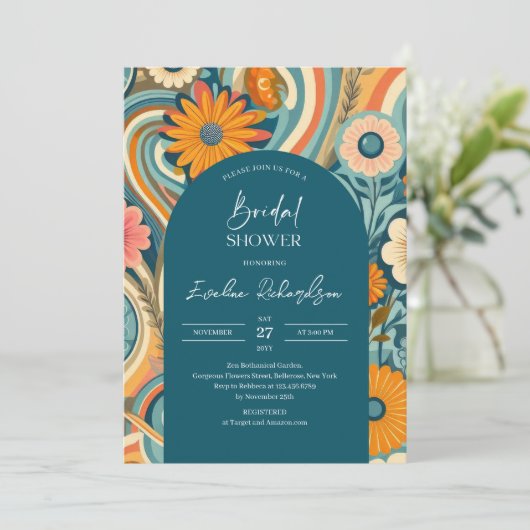 Retro Groovy türkis Boho Boho Arsch orange rosa Einladung (Stehend Vorderseite)