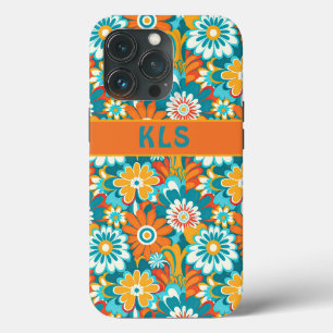 Retro Groovy Türkis Orange und Gelbe Blumenmonogra Case-Mate iPhone Hülle