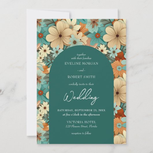 Retro Groovy türkisfarbene, hellorange Blume Einladung (Vorderseite)