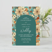 Retro Groovy türkisfarbene, hellorange Blume Einladung (Stehend Vorderseite)