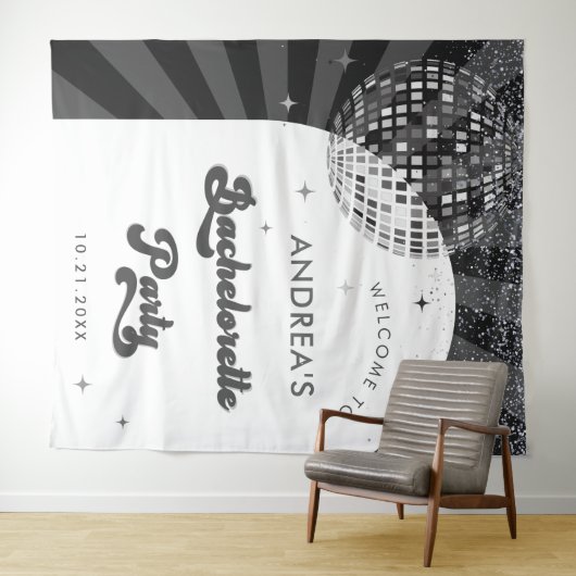 Retro Groovy Typografy Disco Junggeselinnen-Abschi Wandteppich (Beispiel (Horizontal))