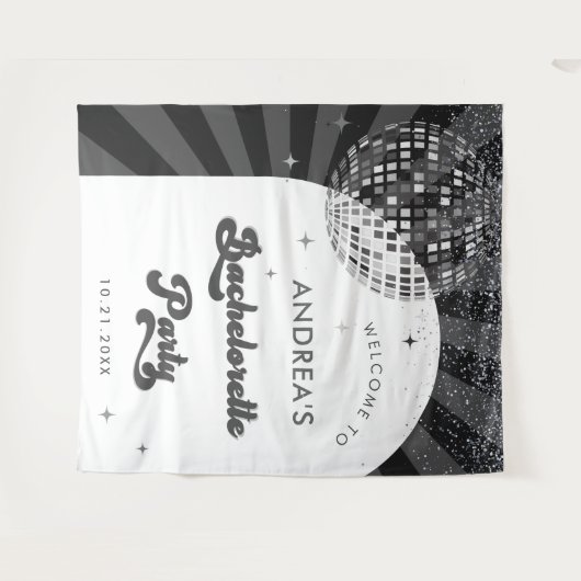 Retro Groovy Typografy Disco Junggeselinnen-Abschi Wandteppich (Vorderseite (Horizontal))