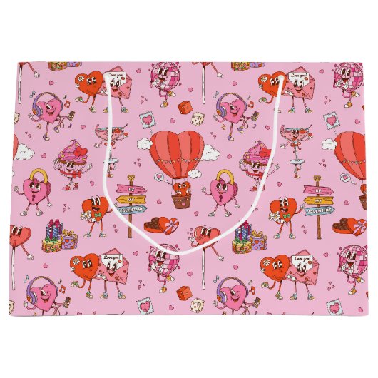 Retro Groovy Valentine Cartoon Große Geschenktüte (Vorderseite)