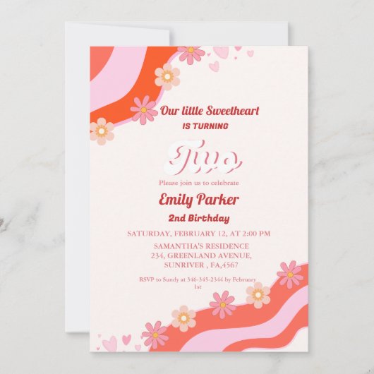 Retro Groovy Valentine Sweetheart 2. Geburtstag Einladung (Vorderseite)