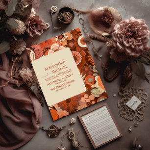 Retro Groovy verbranntes orangefarbenes florales H Einladung
