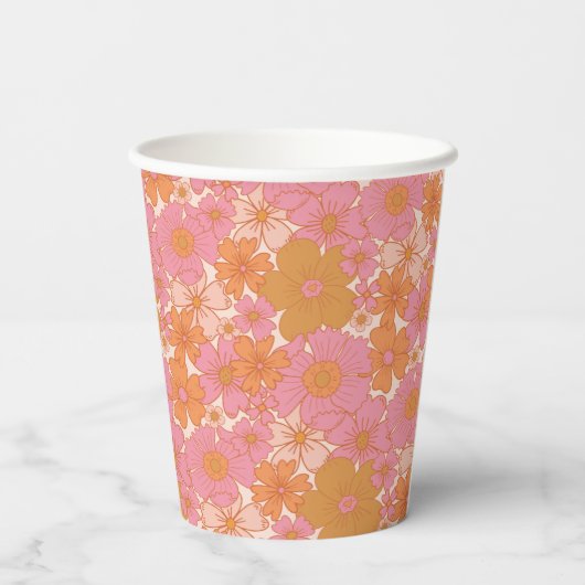 Retro Groovy Vibrant Pink Baby in Bloom Boho Pappbecher (Rückseite)