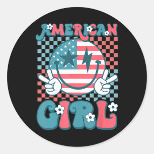 Retro Groovy Vierten 4. Juli Lächeln American Gir Runder Aufkleber