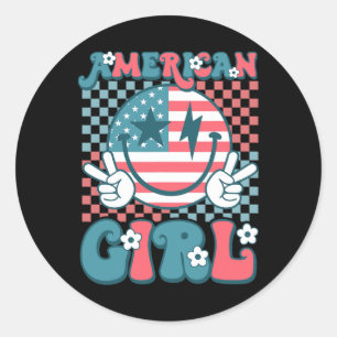 Retro Groovy Vierten 4. Juli Lächeln American Gir Runder Aufkleber