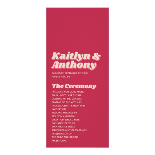 Retro Groovy Viva Magenta Hochzeitsprogramm der 70 Werbekarte (Vorne)