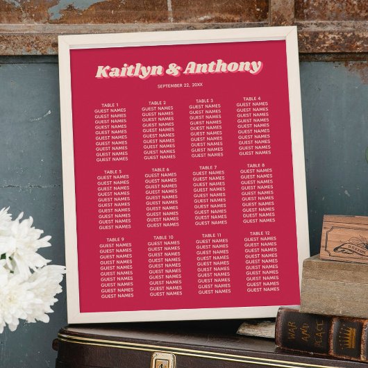 Retro Groovy Viva Magenta Hochzeitssitze in den 70 Poster