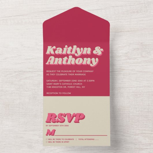 Retro Groovy Viva Magenta Wedding All In One Einladung (Innen Boden)