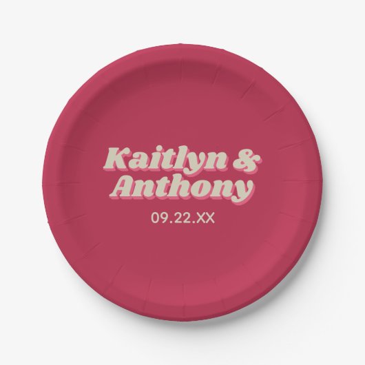 Retro Groovy Viva Magenta Wedding Pappteller (Vorderseite)