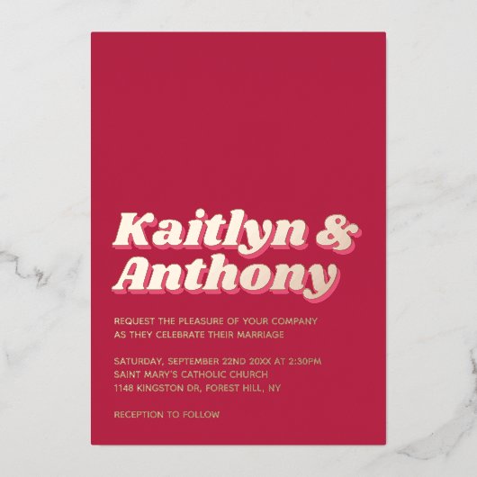 Retro Groovy Viva Magenta Wedding Real Folieneinladung (Vorderseite)