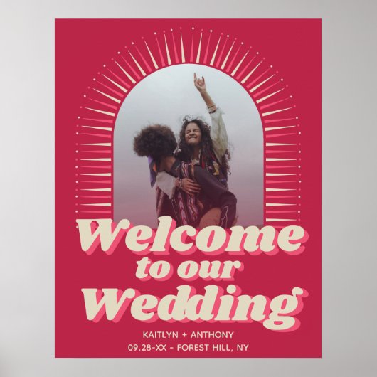 Retro Groovy Viva Magenta Wedding Willkommen in de Poster (Vorne)