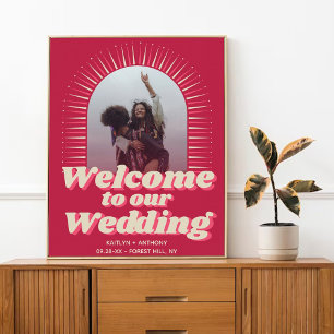 Retro Groovy Viva Magenta Wedding Willkommen in de Poster
