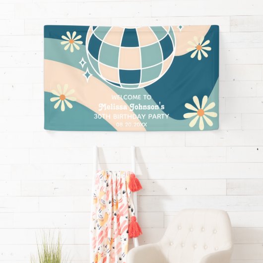 Retro Groovy Wave Disco Ball Daisy Green Geburtsta Banner (Insitu)
