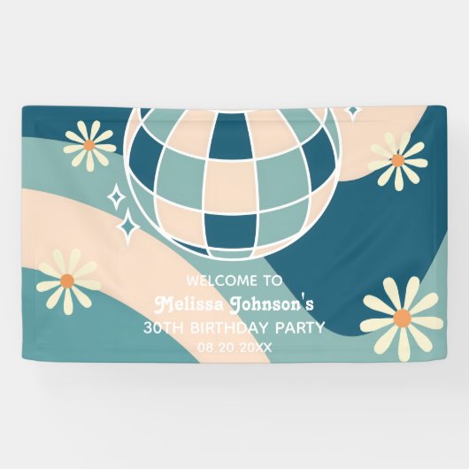 Retro Groovy Wave Disco Ball Daisy Green Geburtsta Banner (Horizontal)