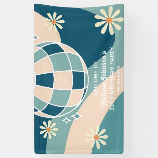 Retro Groovy Wave Disco Ball Daisy Green Geburtsta Banner (Vertikal)